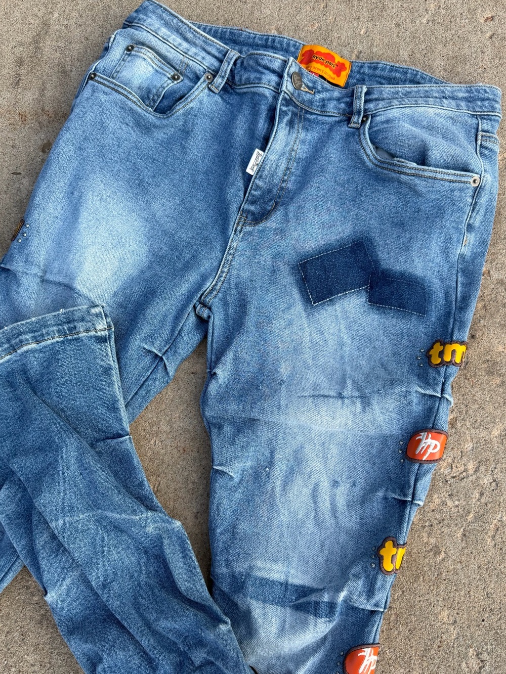 Hyde Park distressed Crinkle Denim Blue Patchwork Jeans Size large men’s. Flare